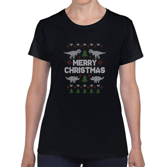 Merry Christmas With Dinosaurs T-Shirt Women -Smartprints Designs, Female Small