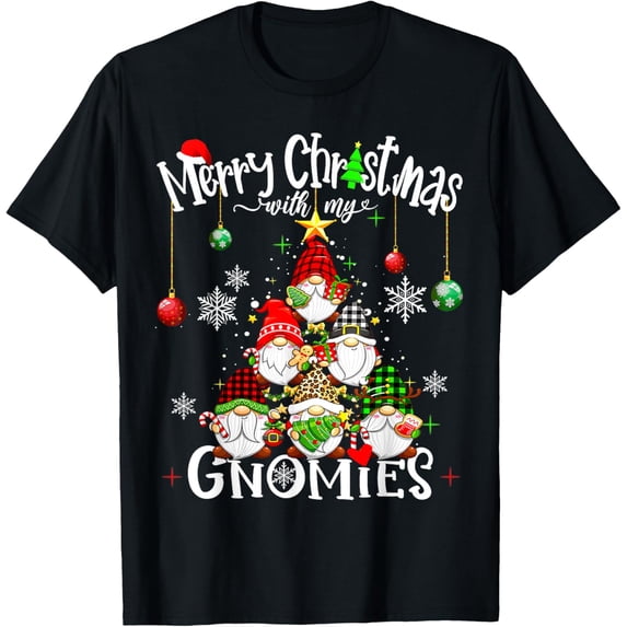 Merry Christmas With My Gnomies Leopard Xmas Pine Cute Gnome T-Shirt