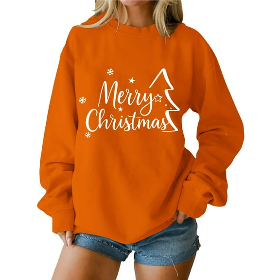 Merry Christmas Women Clothes Oversized Crewneck Sweatshirts Xmas Tree Printed Pullover Holiday Long Sleeve Tops (2XL, Orange 03)