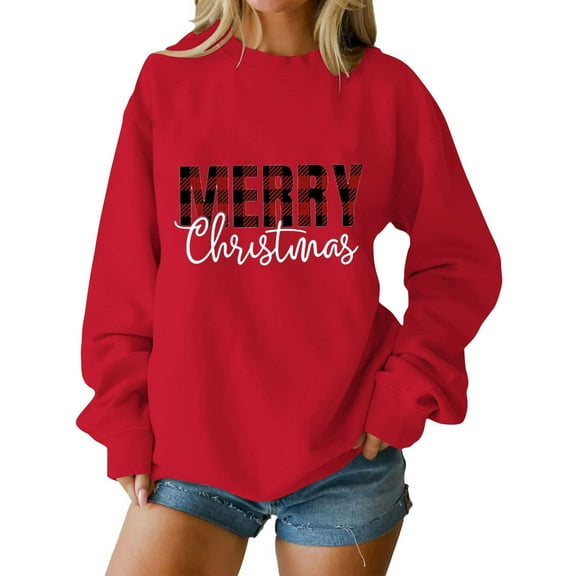 Merry Christmas Women Clothes Oversized Crewneck Sweatshirts Xmas Tree Printed Pullover Holiday Long Sleeve Tops (XL, Red 01)