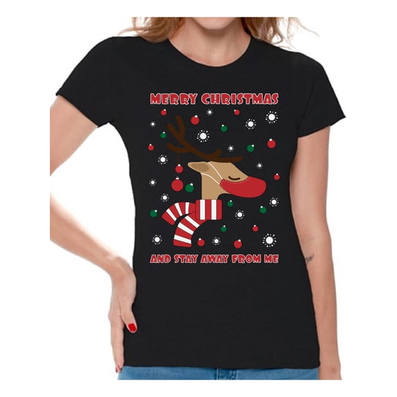 Merry Christmas Women T Shirts Happy Holidays Shirt for Women Funny Deer Top Xmas Gifts Xmas 2020 Outfit Cute Reindeer Shirt for Women Christmas Tee for Her Stay Away From Me T-Shirt