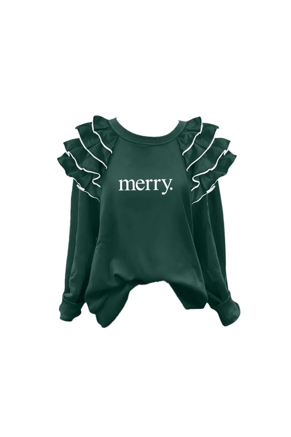 Merry Christmas Women's Ruffle Puff Sleeve Sweatshirts Loose Crewneck Pullover Graphic Tees Tops Cute Xmas Blouse
