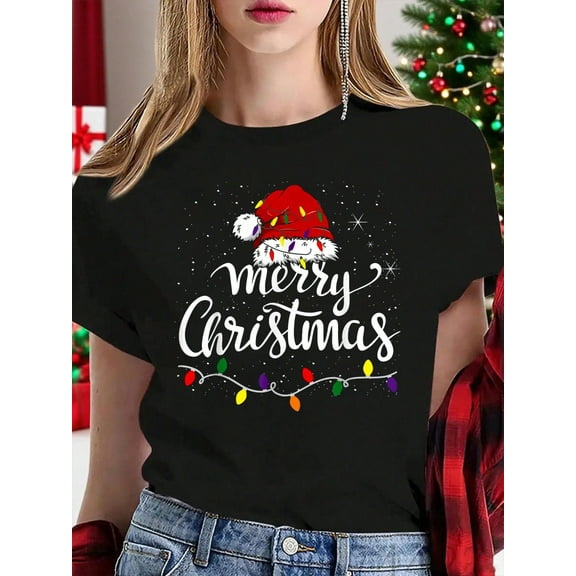 Merry Christmas Women's T-Shirt Merry Christmas Lights Red Santa Hat Xmas Family Men Women T-Shirt