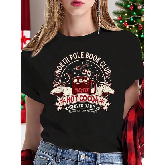 Merry Christmas Women's T-Shirt North Pole Book Club Hot Cocoa Reindeer Librarians Christmas T-Shirt