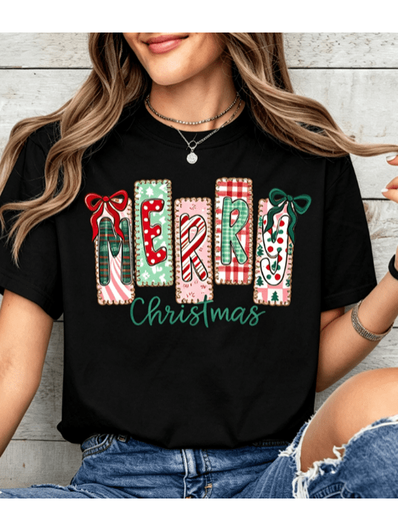 Merry Christmas Women's T-Shirt, Retro Patchwork Letter Bow Graphic Tee, Christmas Family Matching Top, Holiday Xmas Gift Shirt