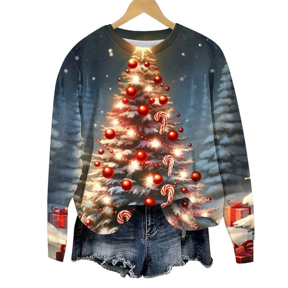 Merry Christmas Womens Festival Tees Crewneck Long Sleeve Sweatshirt Snowflake Christmas Tree Shirts Tops Xmas Novelty Pullover Soft Trendy Outfits Coffee Dates & Gift Exchanges