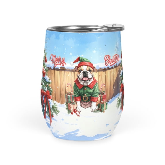 Merry Christmas Woofmas Xmas Noel Bulldog Elf Candy Cane Snow 12oz Stainless Steel Wine Tumbler Insulated Cup with Lid Dog Lover Gifts Idea - 13017