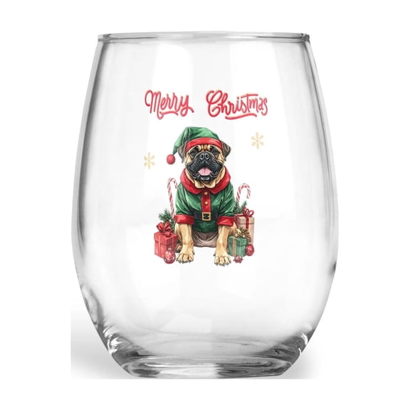 Merry Christmas Woofmas Xmas Noel Bullmastiff Elf Candy Cane Snow 15oz Stemless Wine Glass Mug Dog Lover Wine Glasses Cup - 13017