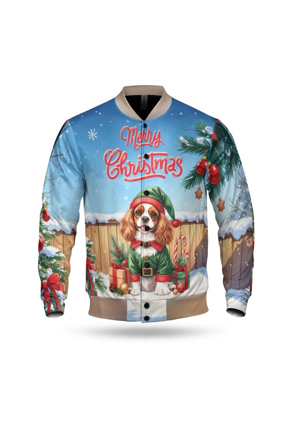 Merry Christmas Woofmas Xmas Noel Cavalier King Charles Spaniel Elf Candy Cane Snow All Over Print 3D Baseball Jacket Dog Lover Gifts Bomber Jacket Softball - 13017