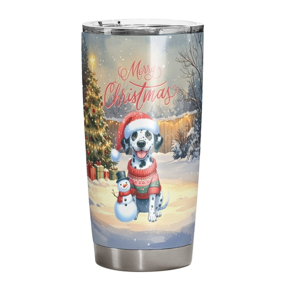 Merry Christmas Woofmas Xmas Noel Dalmatian Santa Snowman 20oz Stainless Steel Tumbler Insulated Cup with Lid Dog Lover - 13016