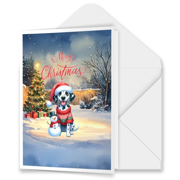 Merry Christmas Woofmas Xmas Noel Dalmatian Santa Snowman 5x7in Folded Greeting Card Dog Lover Single Note Card with Envelope - 13016