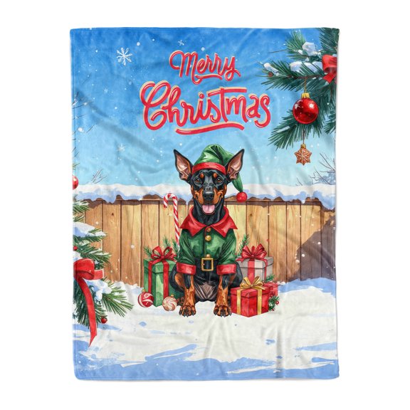 Merry Christmas Woofmas Xmas Noel Doberman Pinscher Elf Candy Cane Snow Cozy Fleece Blanket Doberman Dog Lover Gifts Warm Soft Throw Blanket - 13017
