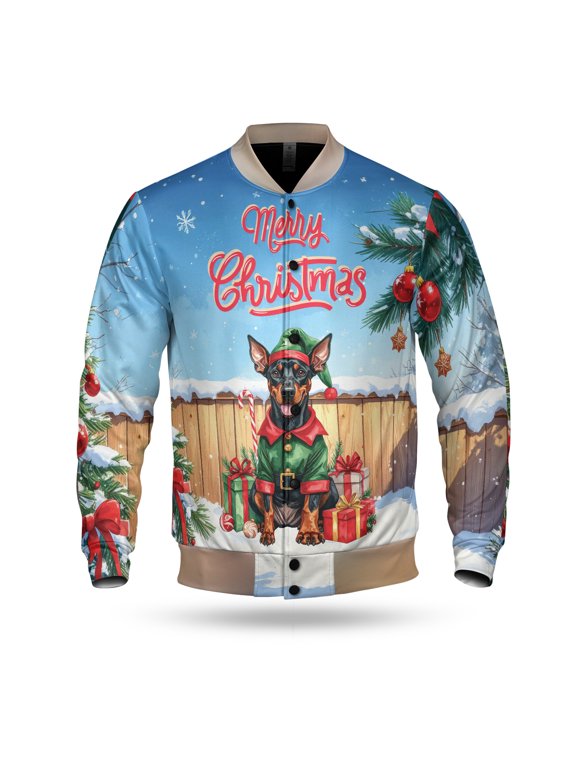 Merry Christmas Woofmas Xmas Noel Doberman Pinscher Elf Candy Cane Snow All Over Print 3D Baseball Jacket Doberman Dog Lover Gifts Bomber Jacket Softball - 13017