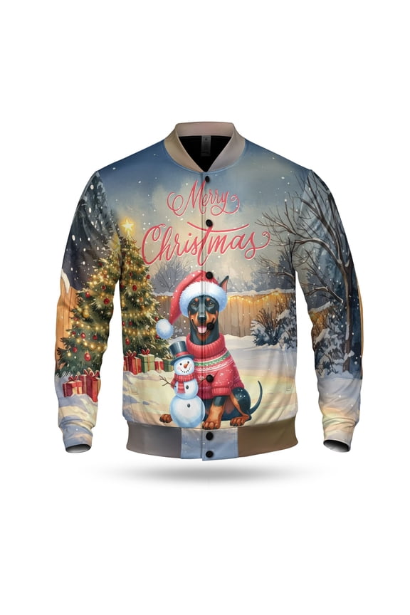 Merry Christmas Woofmas Xmas Noel Doberman Pinscher Santa Snowman All Over Print 3D Baseball Jacket Doberman Dog Lover Gifts Bomber Jacket Softball - 13016