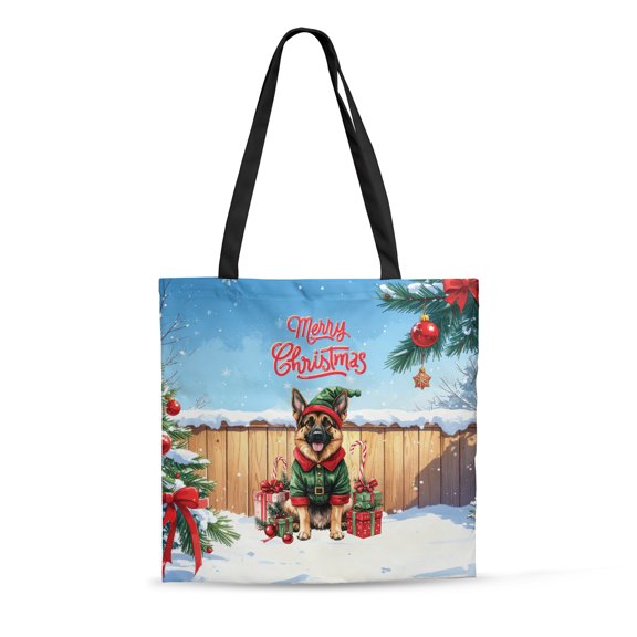Merry Christmas Woofmas Xmas Noel German Shepherd Elf Candy Cane Snow All Over Print 3D Canvas Tote Bag Alsatian Dog Lover Gifts Reusable Handbag - 13017