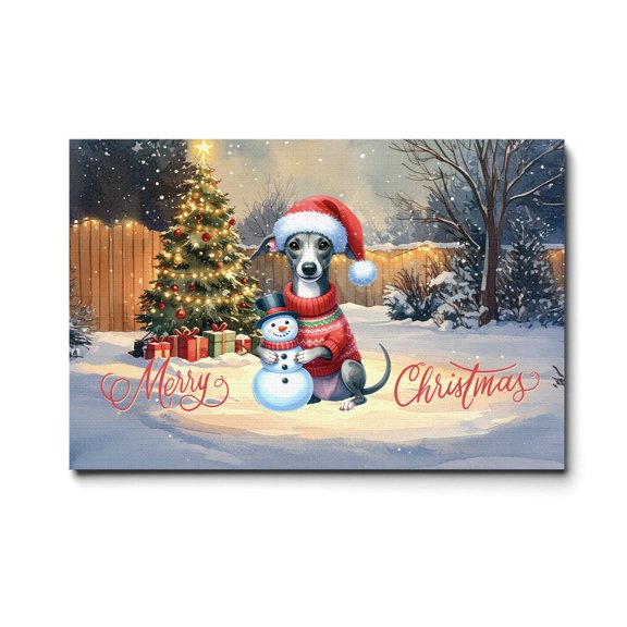 Merry Christmas Woofmas Xmas Noel Italian Greyhound Santa Snowman Horizontal Matte Canvas Poster Greyhound Dog Lover Wall Art Home Decor - 13016