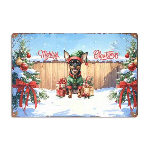 Merry Christmas Woofmas Xmas Noel Miniature Pinscher Elf Candy Cane Snow Horizontal Metal Aluminum Sign Mini Pin Dog Lover Wall Art Home Decor - 13017
