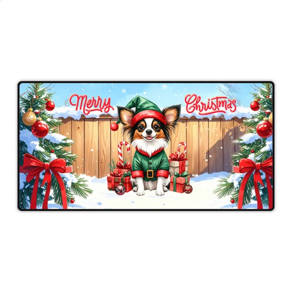 Merry Christmas Woofmas Xmas Noel Papillon Elf Candy Cane Snow Desk Mat Full Keyboard Mouse Pad Pap Butterfly Dog Lover Large Mousepad - 13017