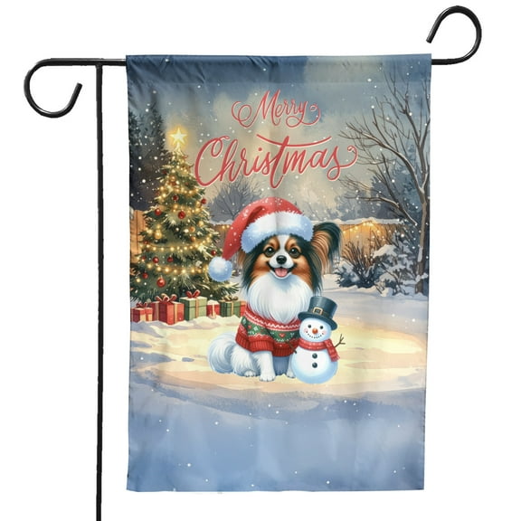 Merry Christmas Woofmas Xmas Noel Papillon Santa Snowman Garden Flag 12x18in Double Sided Pap Butterfly Dog Lover Outdoor Decor - 13016