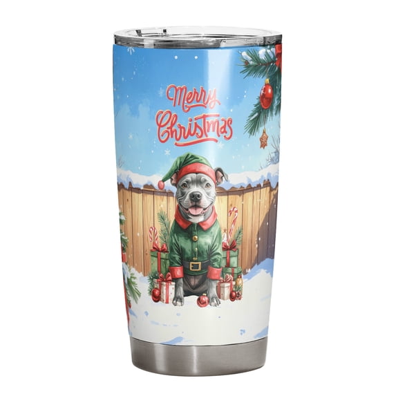 Merry Christmas Woofmas Xmas Noel Pitbull Elf Candy Cane Snow 20oz Stainless Steel Tumbler Insulated Cup with Lid Terrier Dog Lover - 13017