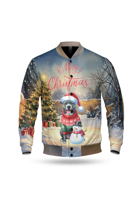 Merry Christmas Woofmas Xmas Noel Pitbull Santa Snowman All Over Print 3D Baseball Jacket Terrier Dog Lover Bomber Jacket Softball - 13016