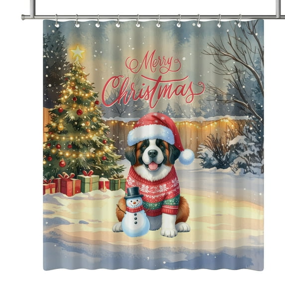 Merry Christmas Woofmas Xmas Noel Saint Bernard Santa Snowman Shower Curtain St Dog Lover Waterproof Bathroom Bathtub Curtain - 13016