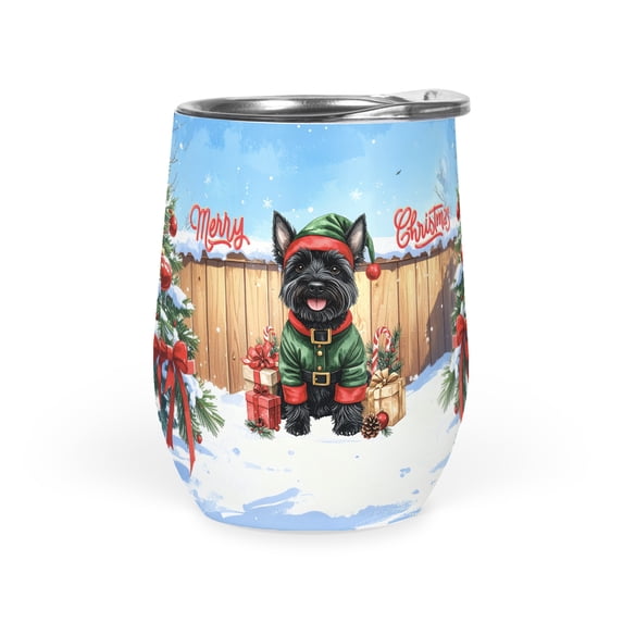 Merry Christmas Woofmas Xmas Noel Scottish Terrier Elf Candy Cane Snow 12oz Stainless Steel Wine Tumbler Insulated Cup with Lid Scottie Dog Lover Gifts - 13017