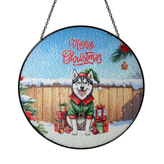 Merry Christmas Woofmas Xmas Noel Siberian Husky Elf Candy Cane Snow Stained Glass Suncatcher Husky Dog Lover Gifts Window Hanging Sign Decor - 13017