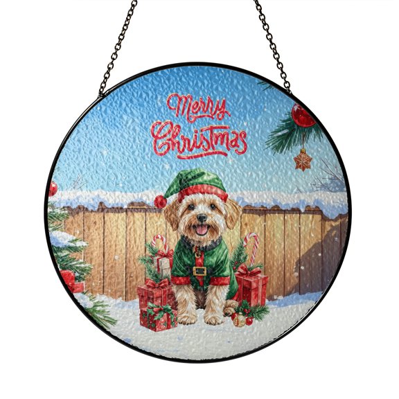 Merry Christmas Woofmas Xmas Noel Soft Coated Wheaten Terrier Elf Candy Cane Snow Stained Glass Suncatcher Wheatie Dog Lover Window Hanging Sign Decor - 13017