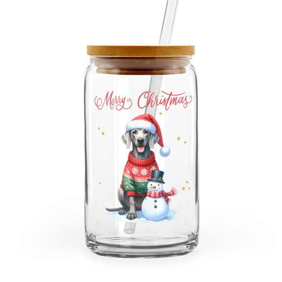 Merry Christmas Woofmas Xmas Noel Weimaraner Santa Snowman 16oz Glass Cup Mug Weim Gray Ghost Dog Lover Glass Can with Bamboo Lid and Straw - 13016