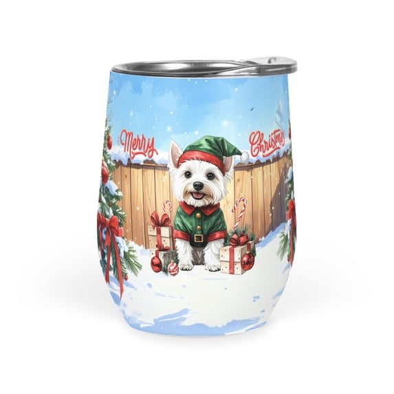 Merry Christmas Woofmas Xmas Noel West Highland White Terrier Elf Candy Cane Snow 12oz Stainless Steel Wine Tumbler Insulated Cup with Lid Westie Westy Dog Lover - 13017