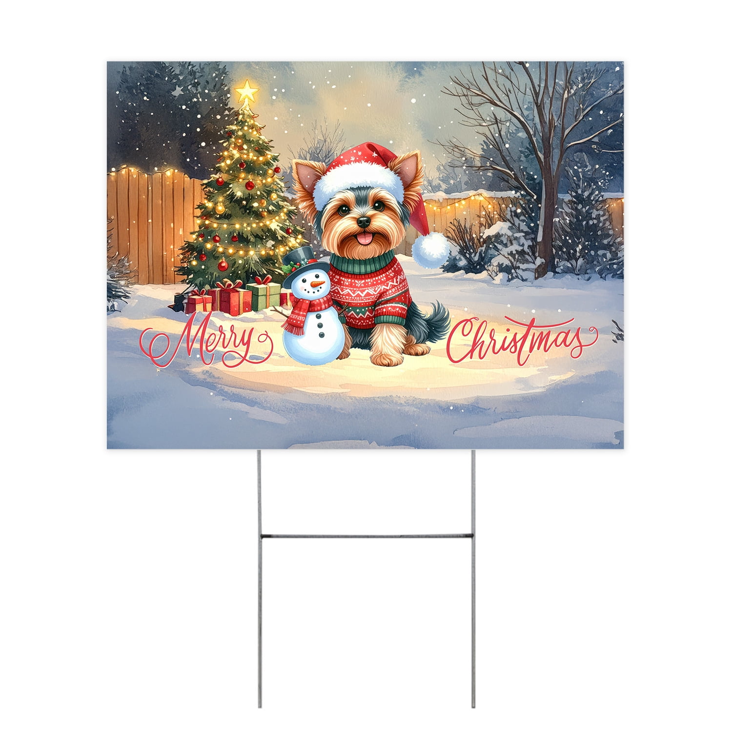 Merry Christmas Woofmas Xmas Noel Yorkshire Terrier Santa Snowman Yard