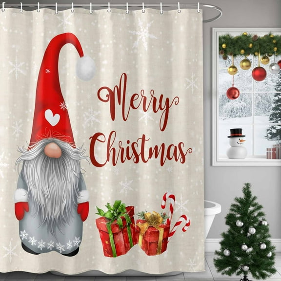 Merry Christmas Words on Linen Shower Curtain for Bathroom, Vintage Red Gnome Waterproof Shower Curtains Washable Quick Dry with Hooks Bathtub Curtains 36x72IN