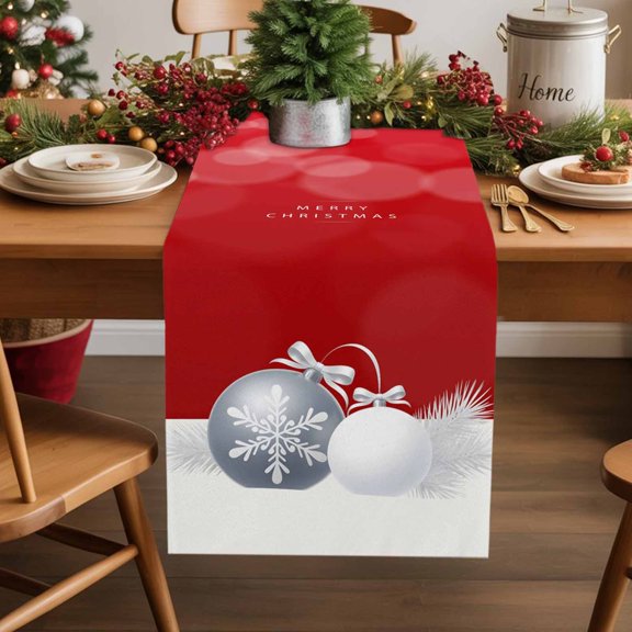 Merry Christmas Words on Red Table Runner 13x90in Non-Slip Cotton Linen Table Runners, Winter Snowflake Bell Dresser Scarves TableRunner for Dinner Kitchen Dining Wedding Party