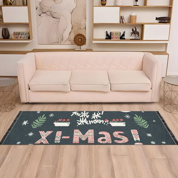 Merry Christmas Words Runner Rug Non-Slip Area Rugs Linen Washable Non Shedding for Kitchen Bedroom Carpet