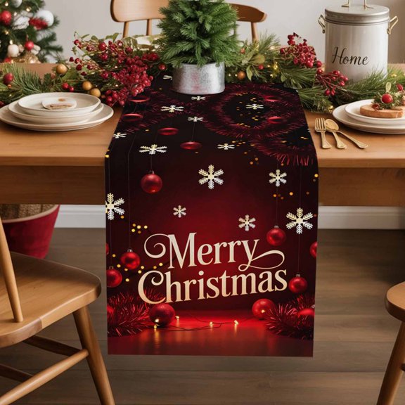 Merry Christmas Words Table Runner 13x70in Non-Slip Cotton Linen Table Runners, Red Ball Snowflakes Dresser Scarves TableRunner for Dinner Kitchen Dining Wedding Party