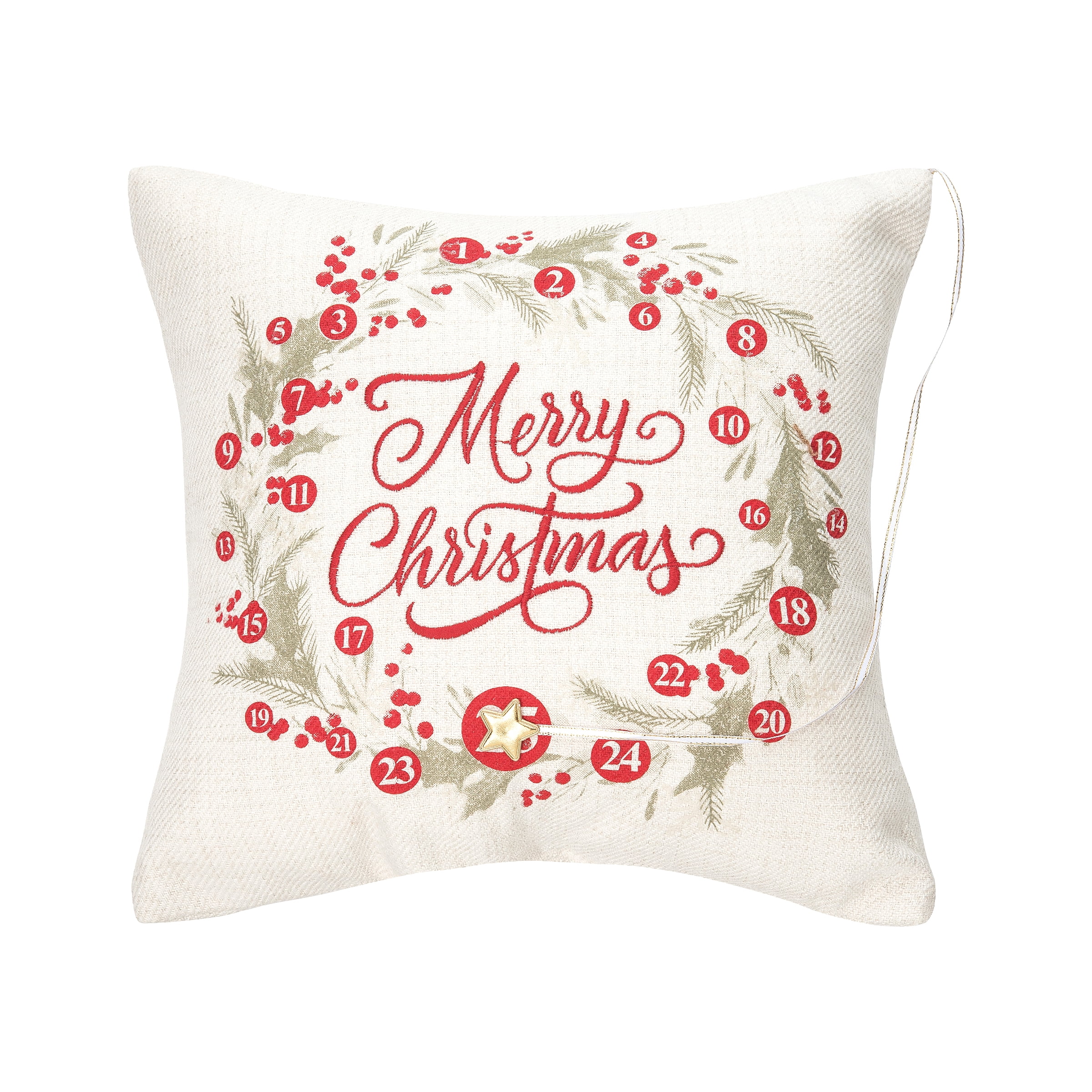 Red Cotton Canvas Christmas Wreath Throw Pillow 13.5"