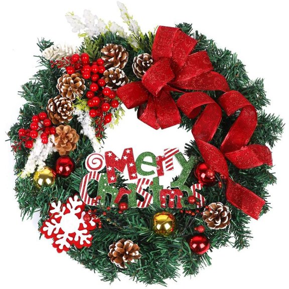 Merry Christmas Wreath for Front Door, 17'' Wreath with Red Berries Wreath Wintry Pinecone Artificial Xmas Bell Snowflake Winter Wreaths Front Door Small Wreaths for Indoor Outdoor