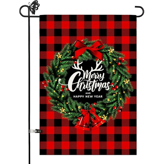Merry Christmas Wreath Garden Flag,Happy New Year Red Buffalo Check Plaid Garden Flags for Outside,Vertical Burlap Flags 12x18 Inch Double Sided¡