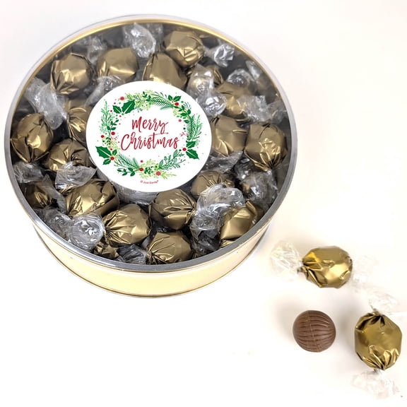 Merry Christmas Wreath Gift Tin Filled With Milk Chocolate Dubai Truffle Candies For Christmas Gifting, Holiday Party Giveaways & More (42 Truffles)