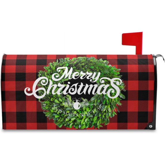 Merry Christmas Wreath Magnetic Mailbox Cover Happy New Year Mailbox Cover Magnetic Mailbox Wraps Post Letter Box Cover Garden Standard Size 21x25
