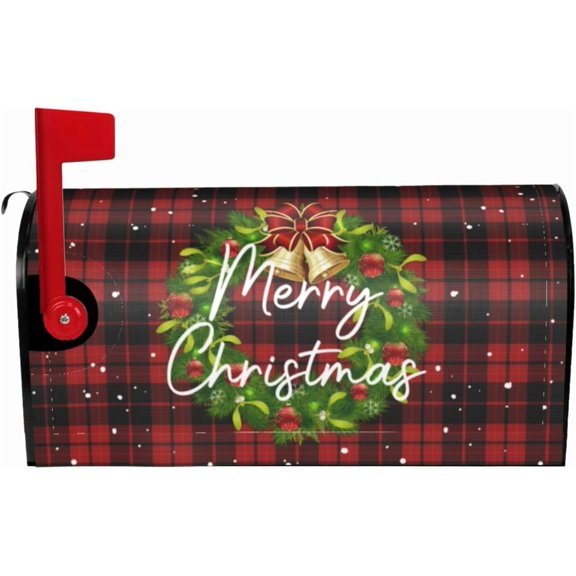 Merry Christmas Wreath Mailbox Covers, 25.5 X 21 Winter Xmas Red Buffalo Plaid Magnetic Mailbox Cover, Holiday Decorations Wrap Post Letter Box Decor for Home Outdoor Garden