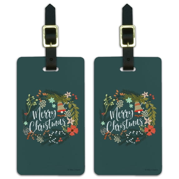 Merry Christmas Wreath Mistletoe Bell Luggage ID Tags Suitcase Carry-On Cards - Set of 2