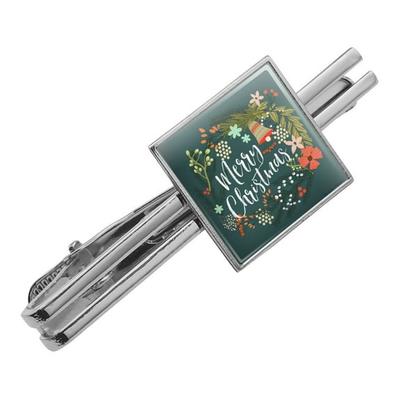 Merry Christmas Wreath Mistletoe Bell Square Tie Bar Clip Clasp Tack- Silver or Gold
