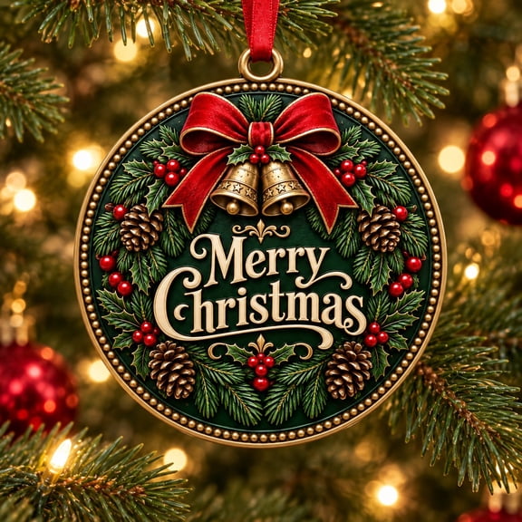 Merry Christmas Wreath Ornament with Red Bow and Bells for Tree Holiday Gift