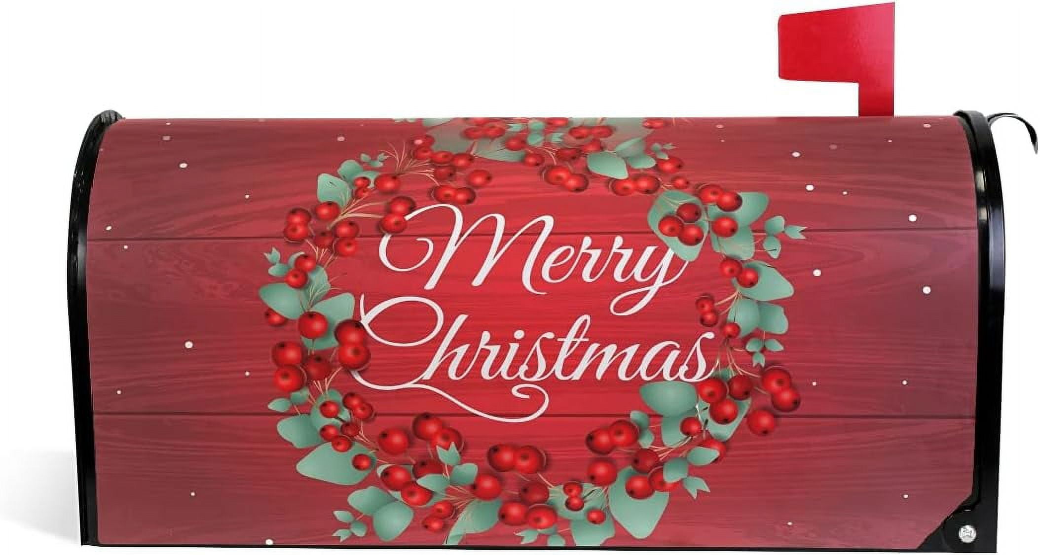 Merry Christmas Wreath Red Magnetic Mailbox Cover for Standard Mailboxes