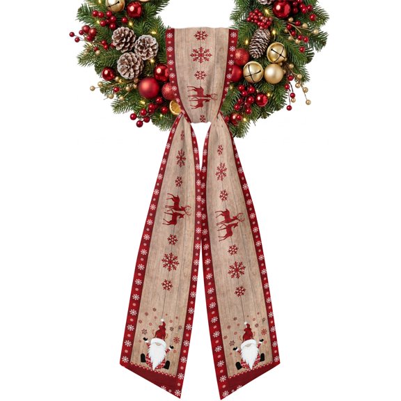 Merry Christmas Wreath Sash for Front Door 4.5"x56", Gnome Xmas Elf on Rustic Wood Grain Double-Sided Bow Ribbon Decor for Wreaths, Stair Railings, Fireplace Mantel