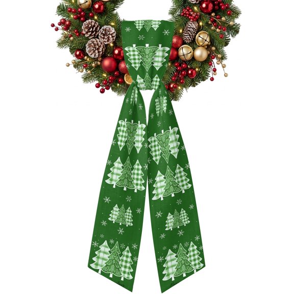 Merry Christmas Wreath Sash for Front Door 4.5"x56", Vintage Gingham Pine Trees Snowflakes Green Double-Sided Bow Ribbon Decor for Wreaths, Stair Railings, Fireplace Mantel