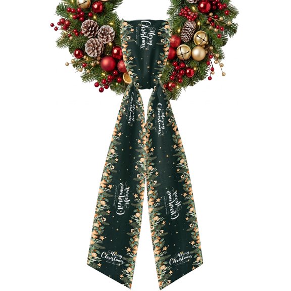 Merry Christmas Wreath Sash for Front Door 4.5"x56", Xmas Gold Ball Bell Star Berry Bowknot Green Leaf Green Double-Sided Bow Ribbon Decor for Wreaths, Stair Railings, Fireplace Mantel