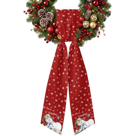 Merry Christmas Wreath Sash for Front Door Coastal Beach Snowman Starfish Seashell Red Ribbon Sash, Winter Holiday Wreath Accessories for Yard Porch Doorway Decor , Indoor Outdoor, 4.9 x 56 Inches